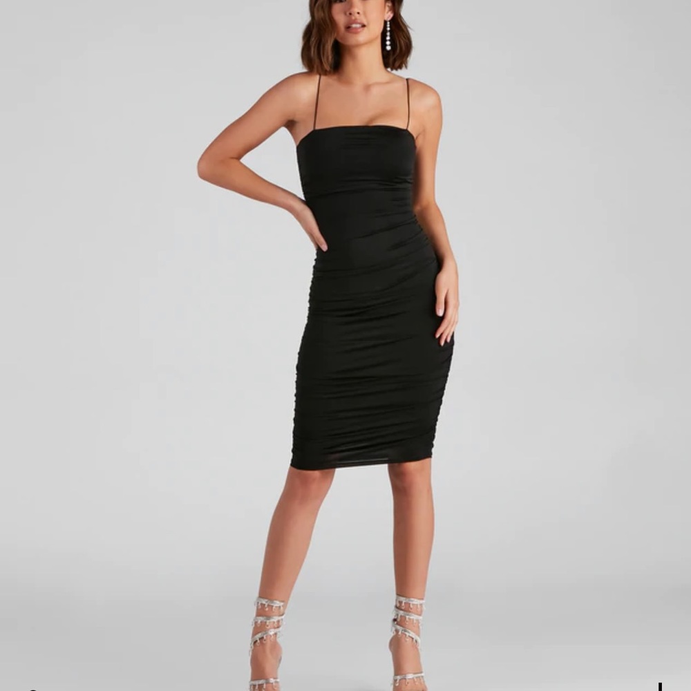SOLD Windsor ruched midi dress black